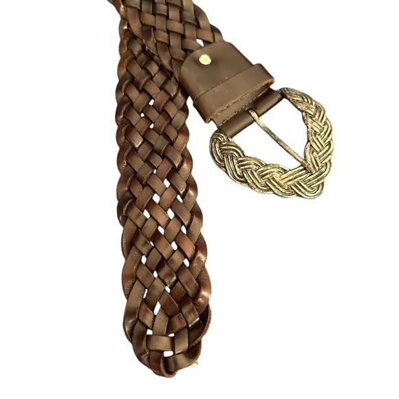 Made In Italy Brown Woven Leather Wide Belt, Silver Distressed Buckle, XL main image 4